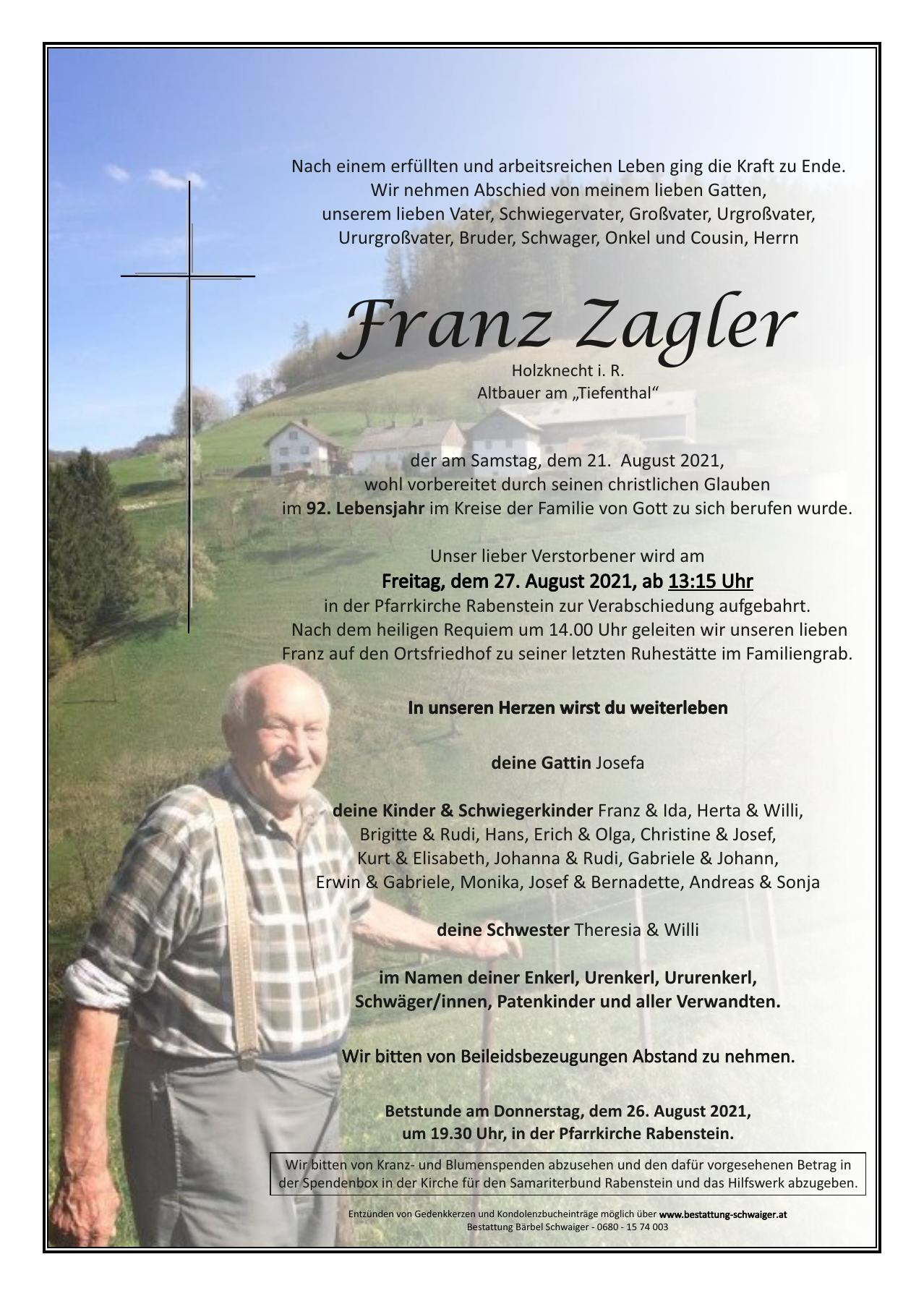 Traueranzeige von Franz Zagler