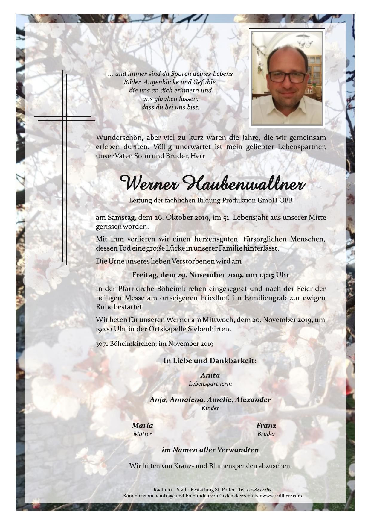 Traueranzeige von Werner Haubenwallner