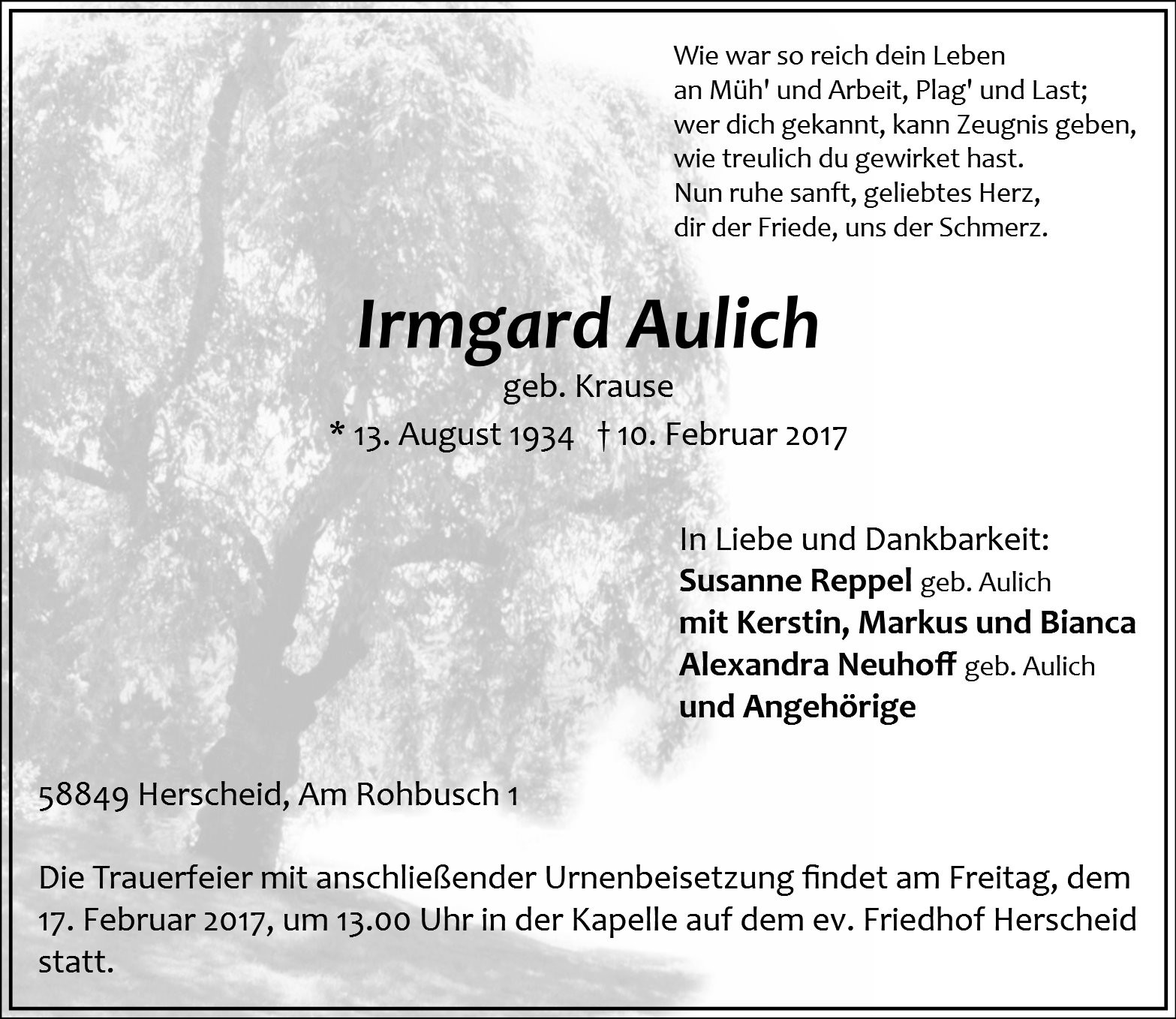 Traueranzeige von Irmgard Aulich