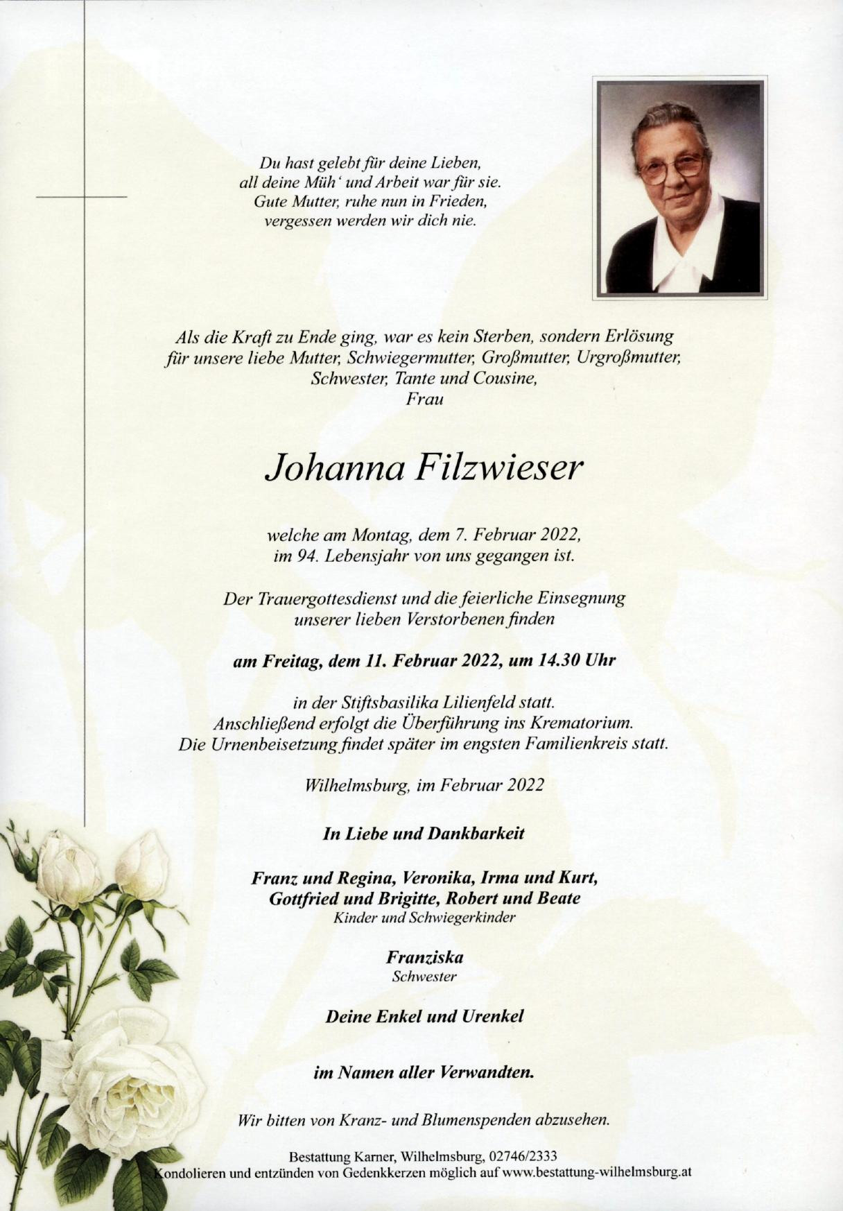 Traueranzeige von Johanna Filzwieser