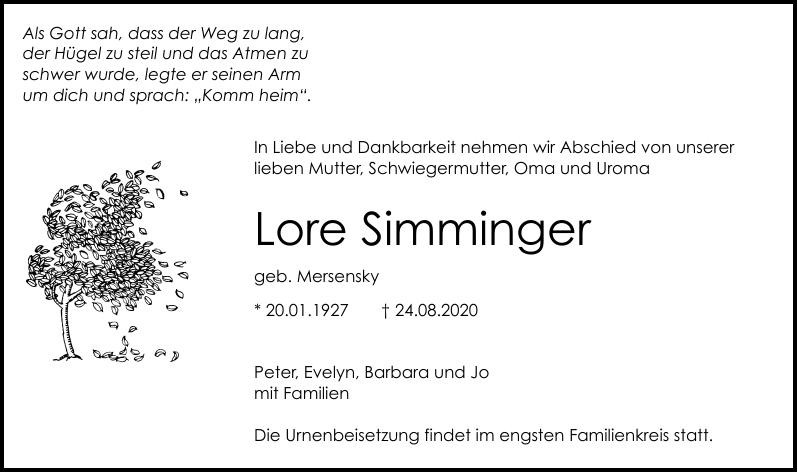 Traueranzeige von Lore Simminger