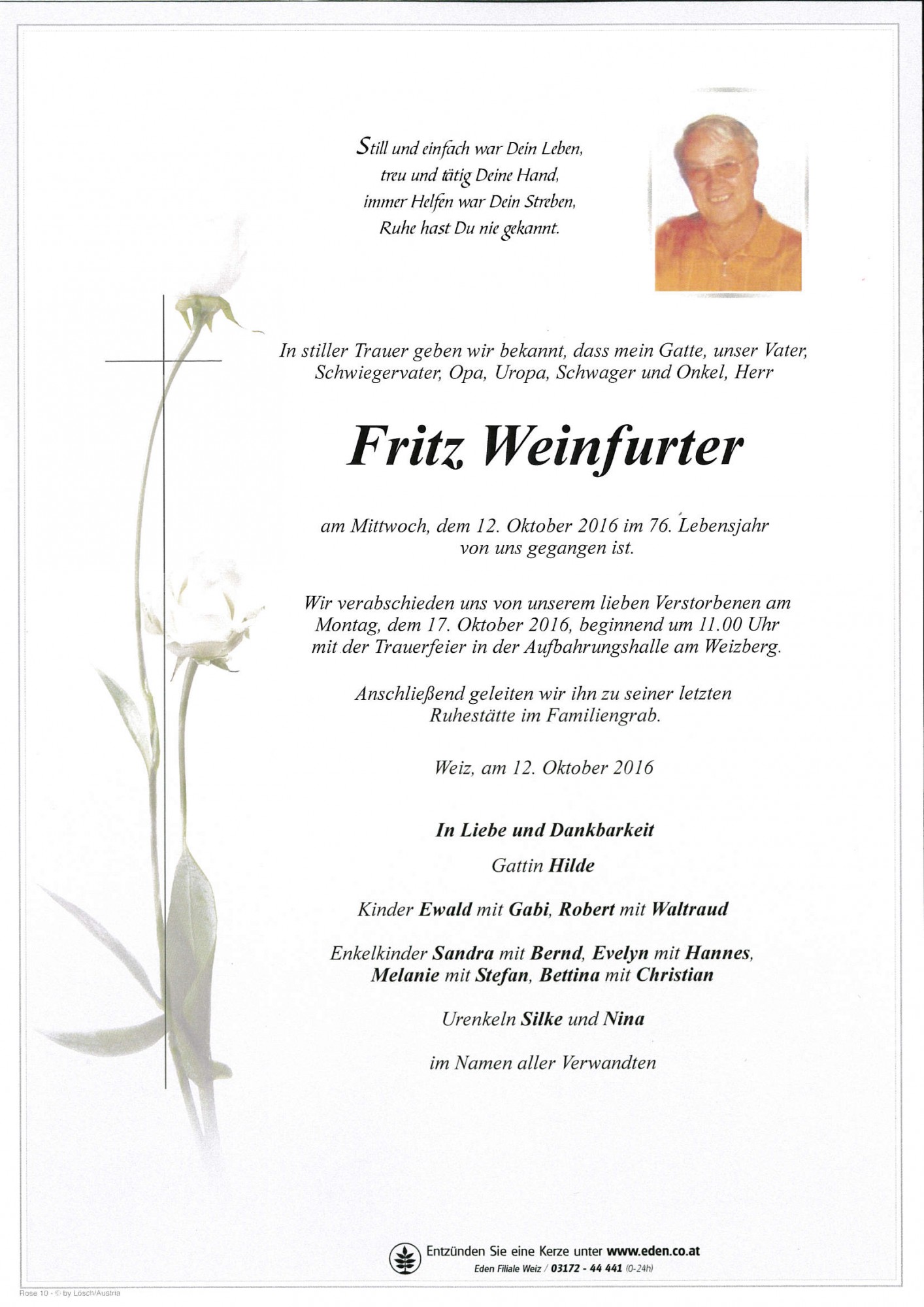 Traueranzeige von Fritz Weinfurter