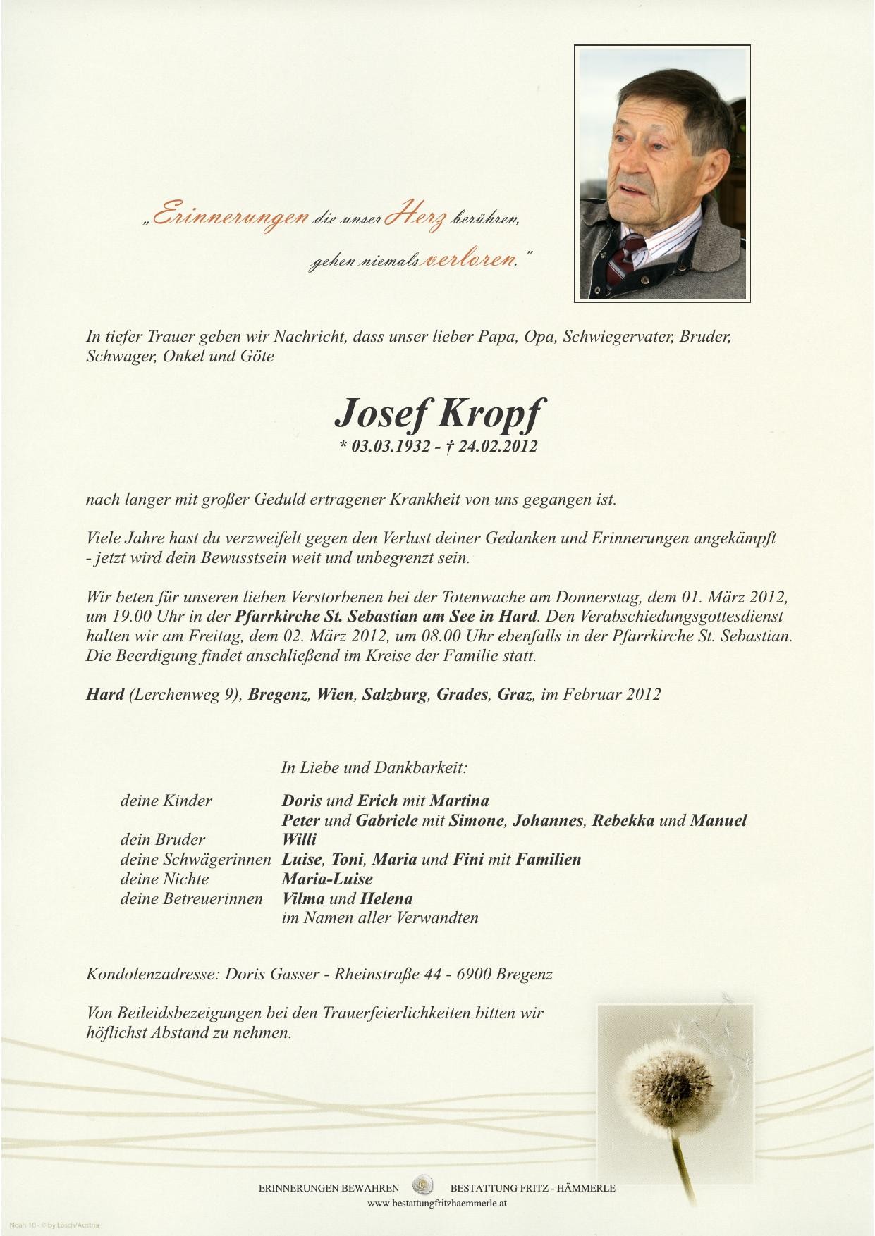 Traueranzeige von Kropf Josef