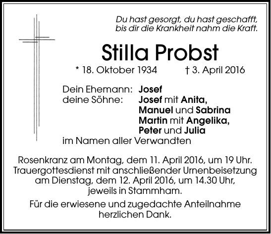 Traueranzeige von Stilla Probst