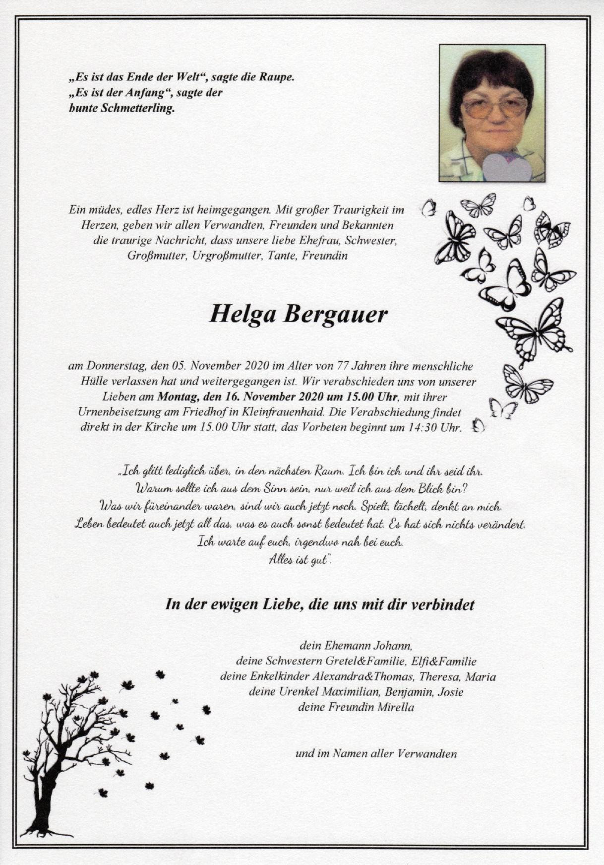 Traueranzeige von Helga Bergauer
