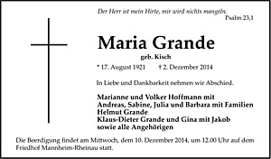 Traueranzeige von Maria Grande