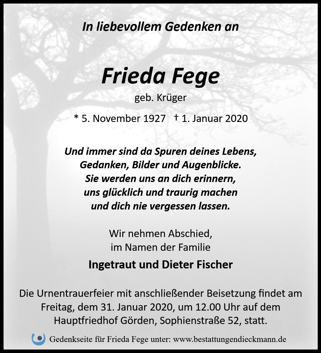 Traueranzeige von Frieda Fege