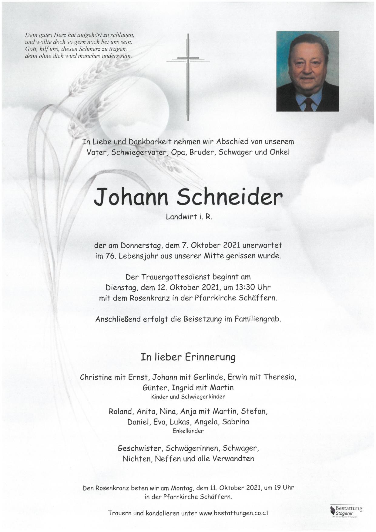 Traueranzeige von Johann Schneider