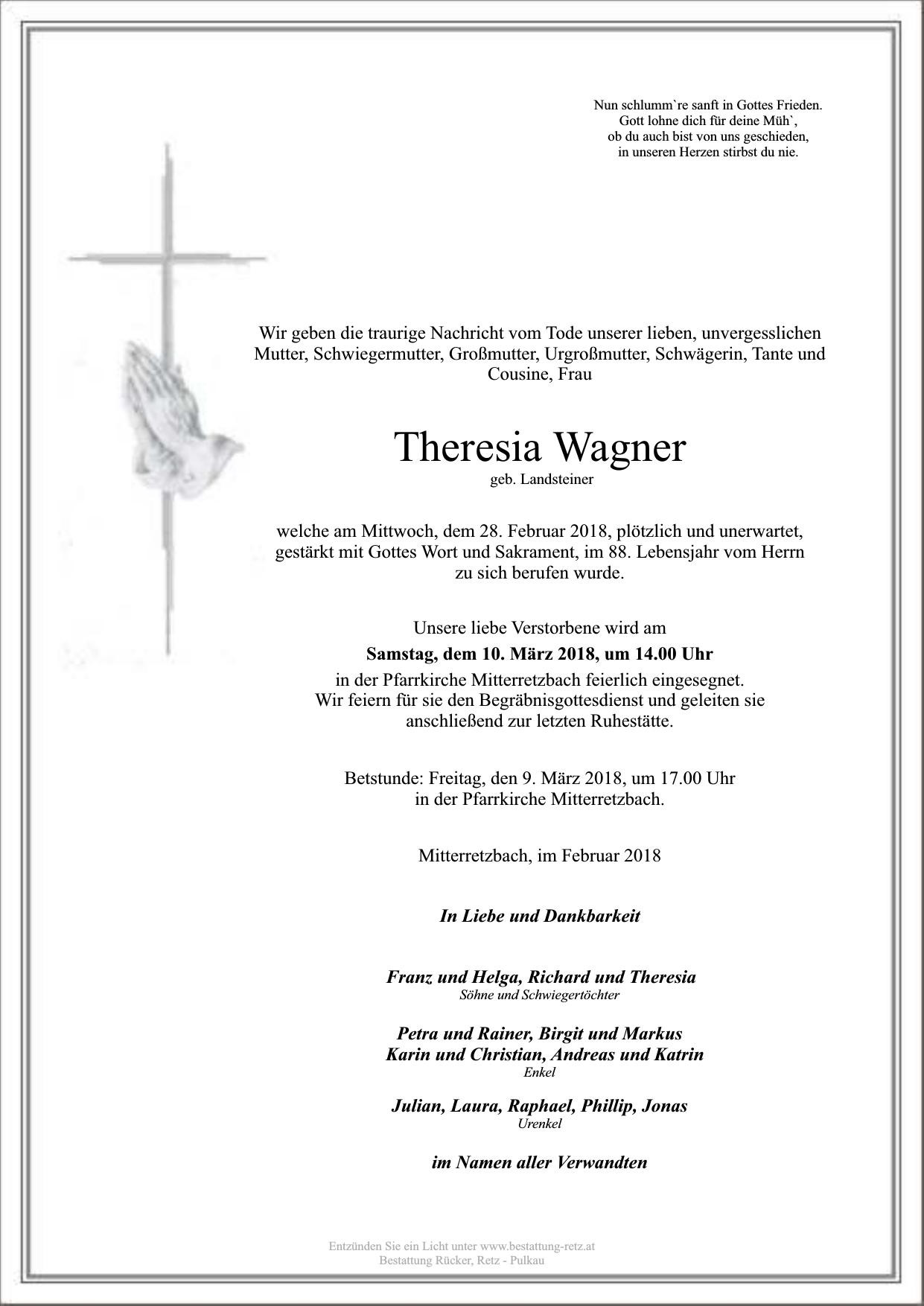 Traueranzeige von Theresia Wagner
