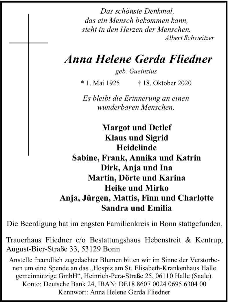 Traueranzeige von Anna Helene Gerda Fliedner
