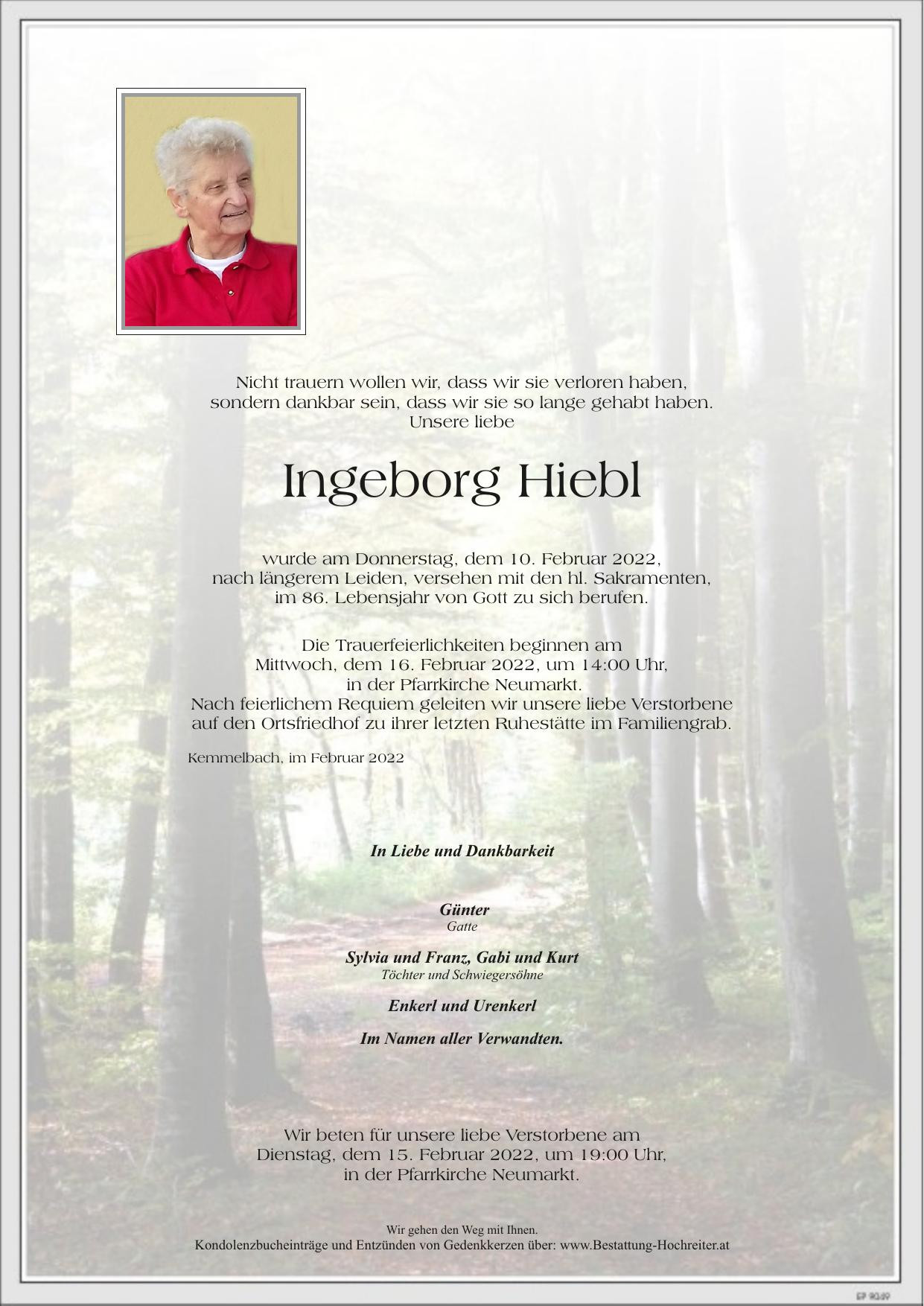 Traueranzeige von Ingeborg Hiebl