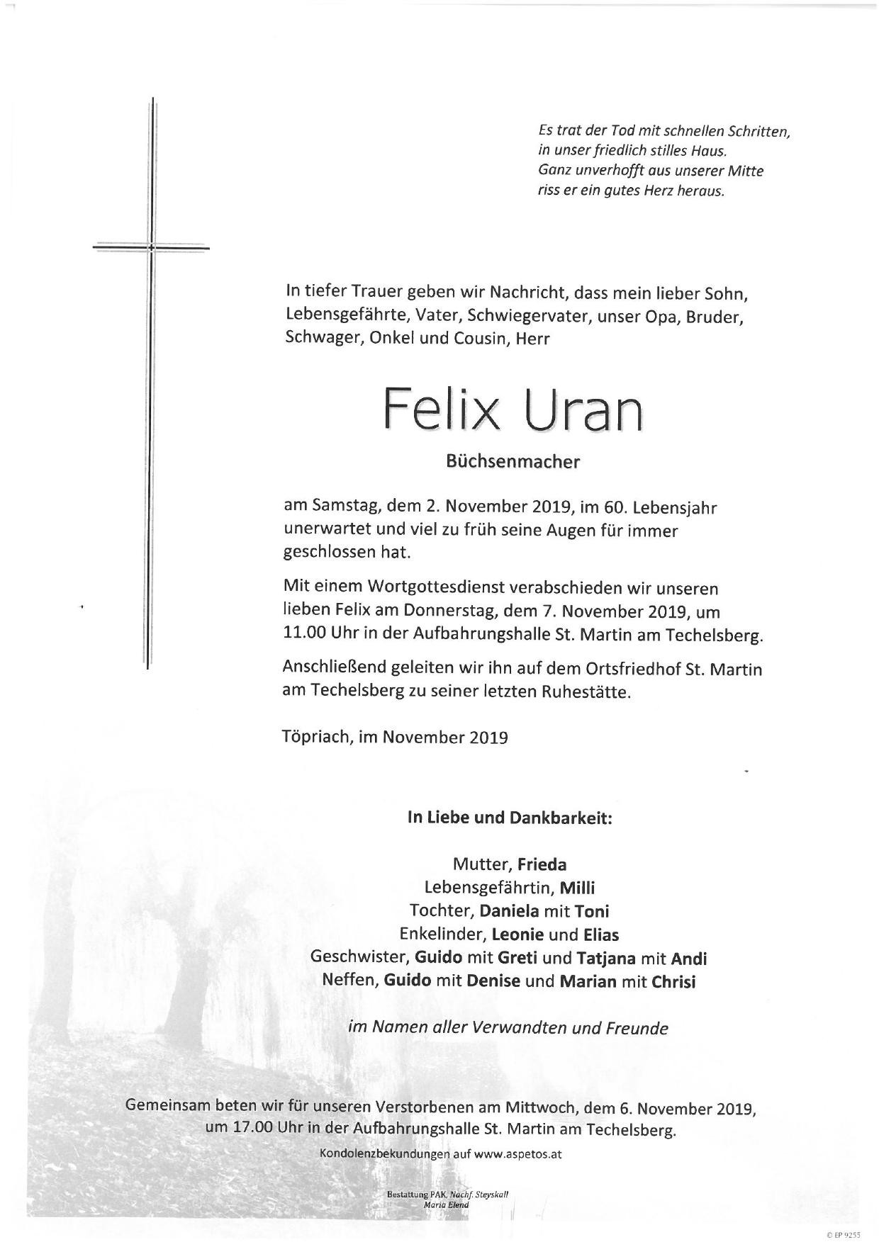 Traueranzeige von Felix Uran