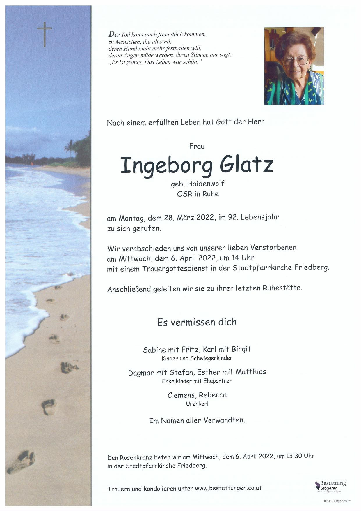 Traueranzeige von Ingeborg Glatz