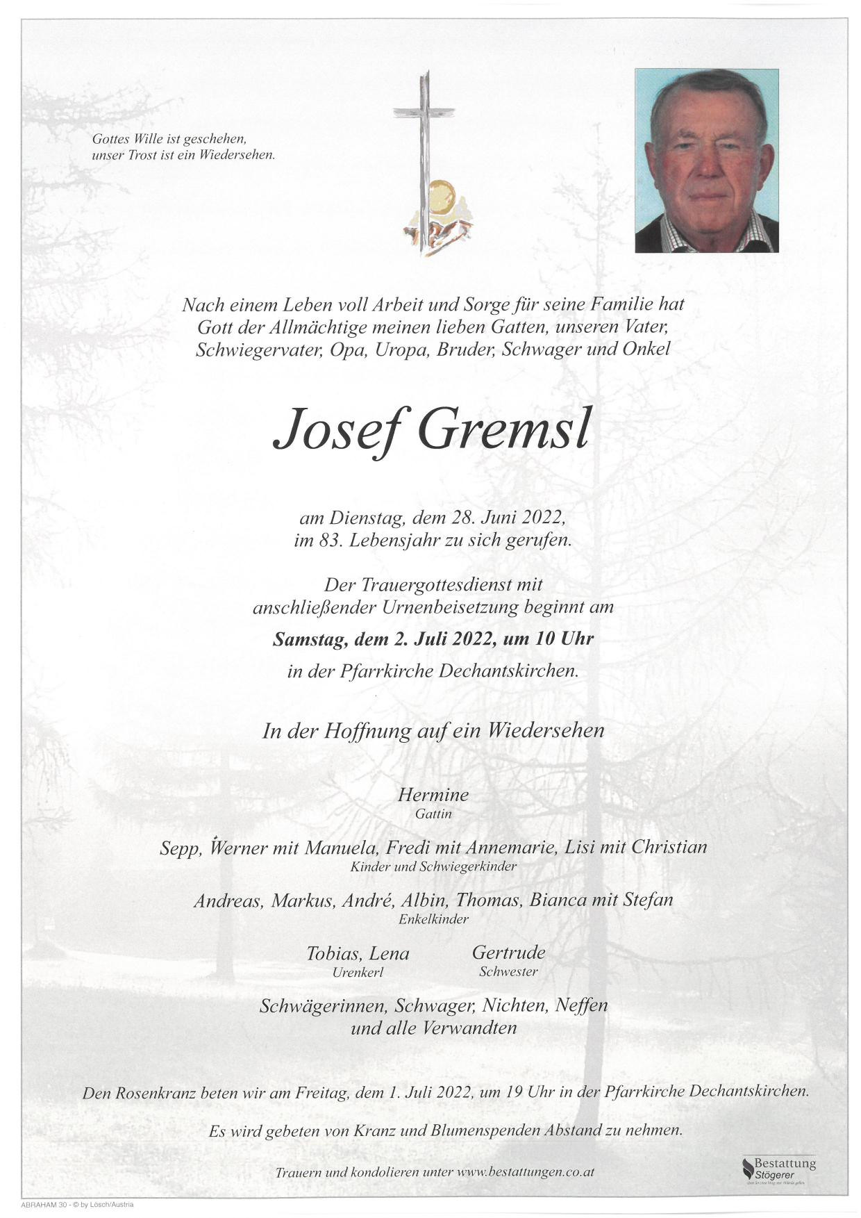 Traueranzeige von Josef Gremsl