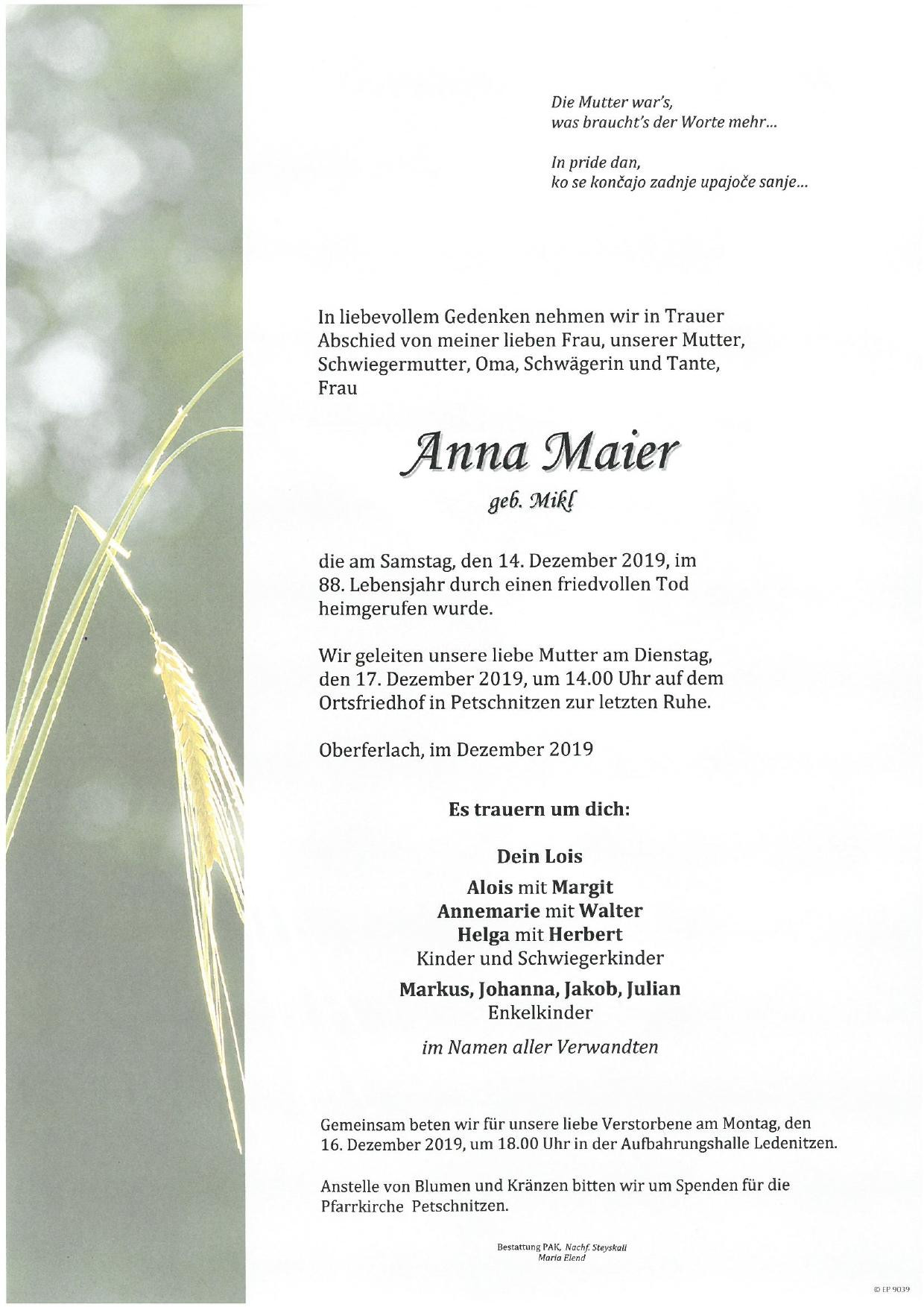 Traueranzeige von Anna Maier
