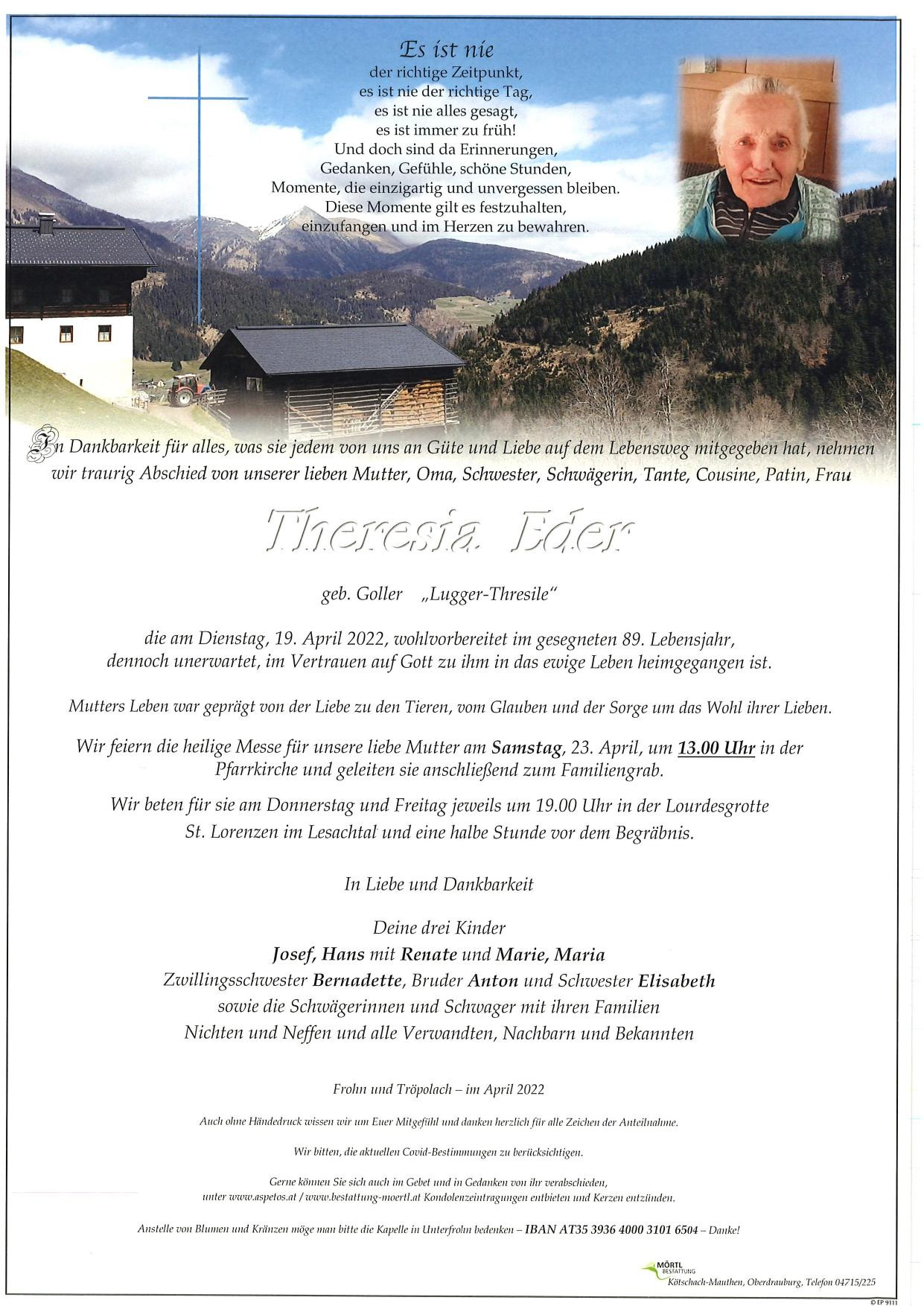 Traueranzeige von Theresia Eder