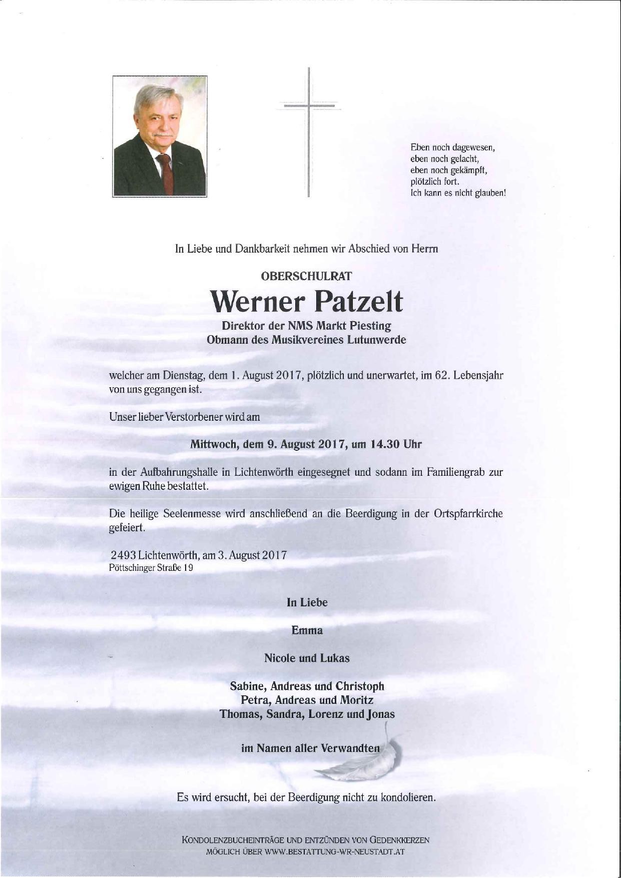 Traueranzeige von Oberschulrat Werner Patzelt