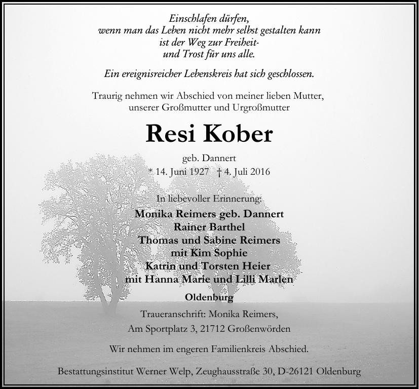 Traueranzeige von Resi Kober