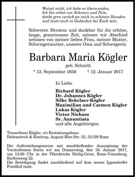 Traueranzeige von Barbara Maria Kögler