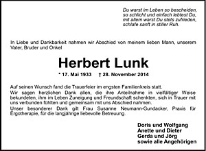 Traueranzeige von Herbert Lunk