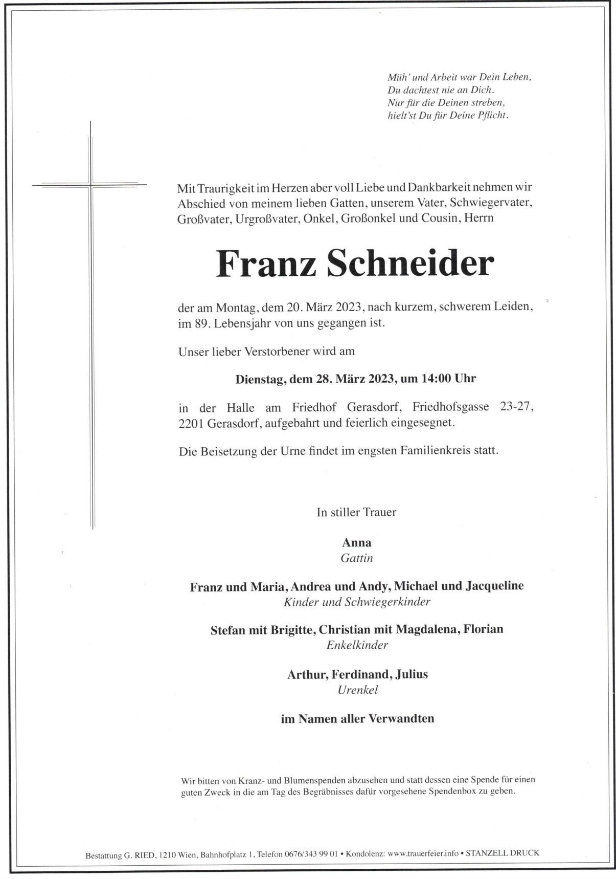Traueranzeige von Franz Schneider