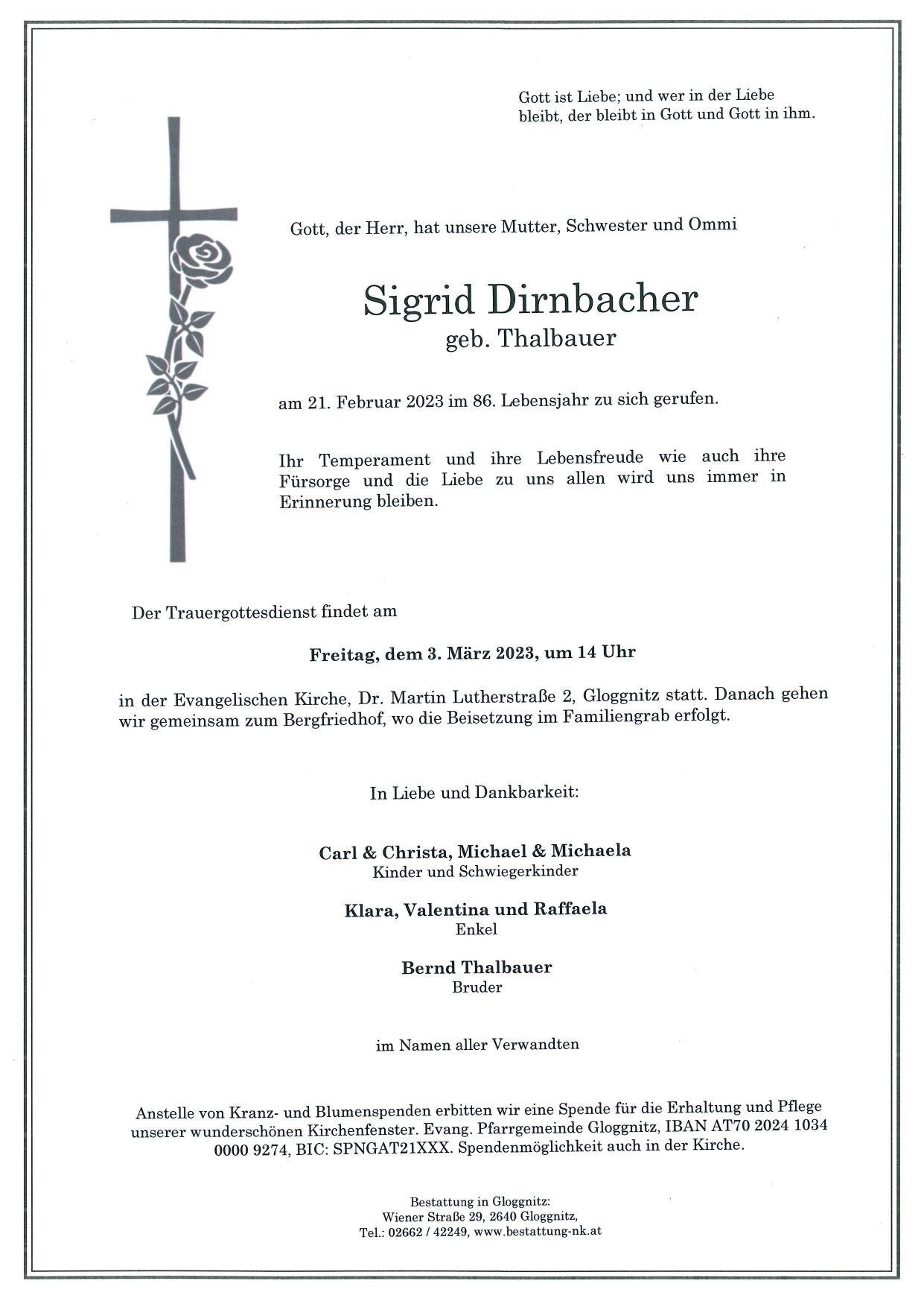 Traueranzeige von Sigrid Dirnbacher