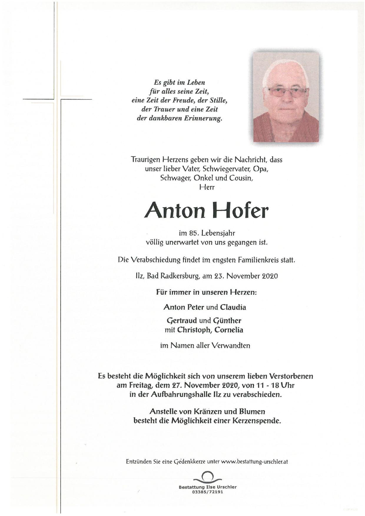 Traueranzeige von Anton Hofer