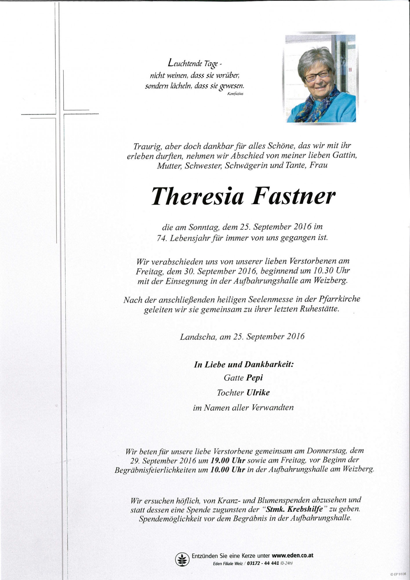 Traueranzeige von Theresia Fastner