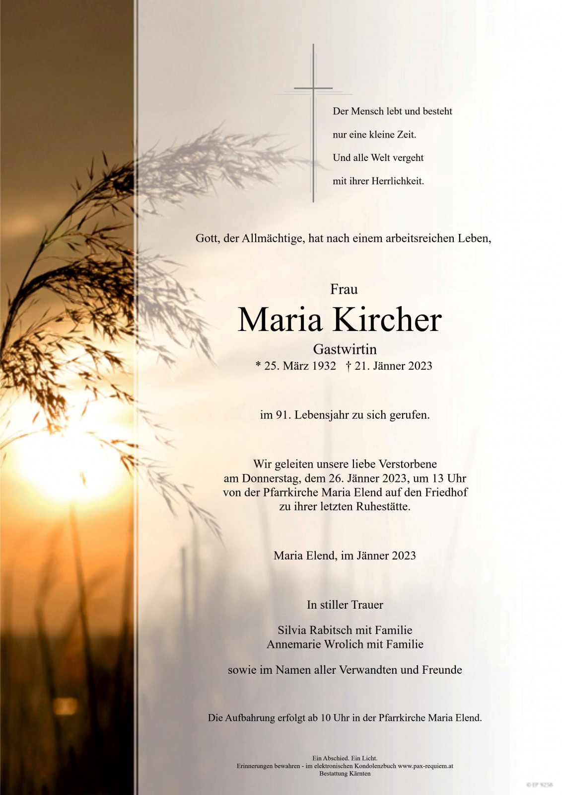 Traueranzeige von Maria Kircher