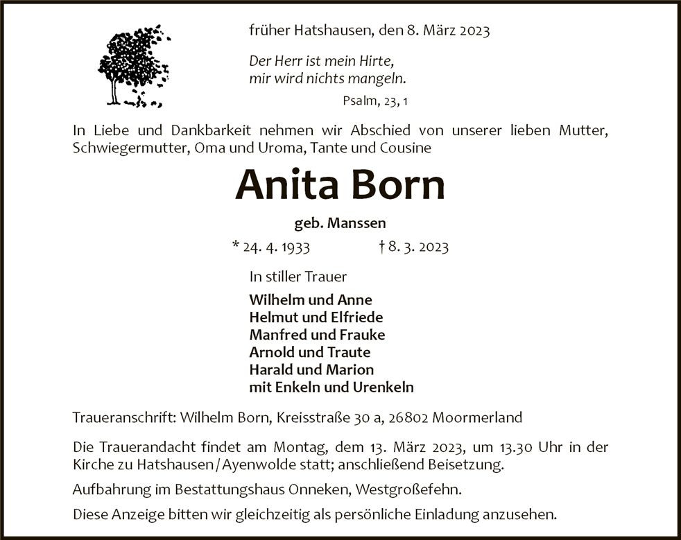 Traueranzeige von Anita Born