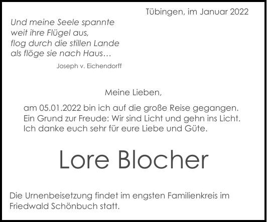 Traueranzeige von Lore Blocher