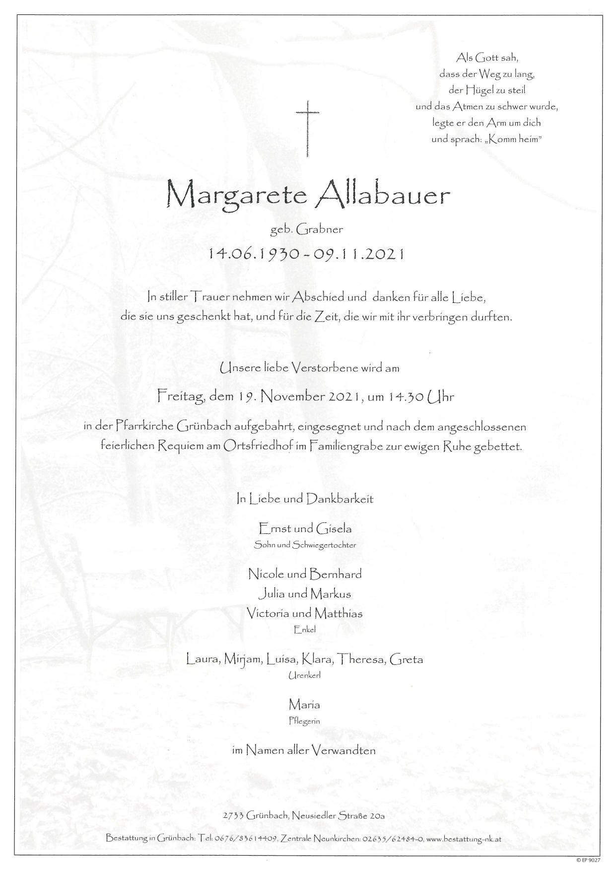 Traueranzeige von Margarete Allabauer