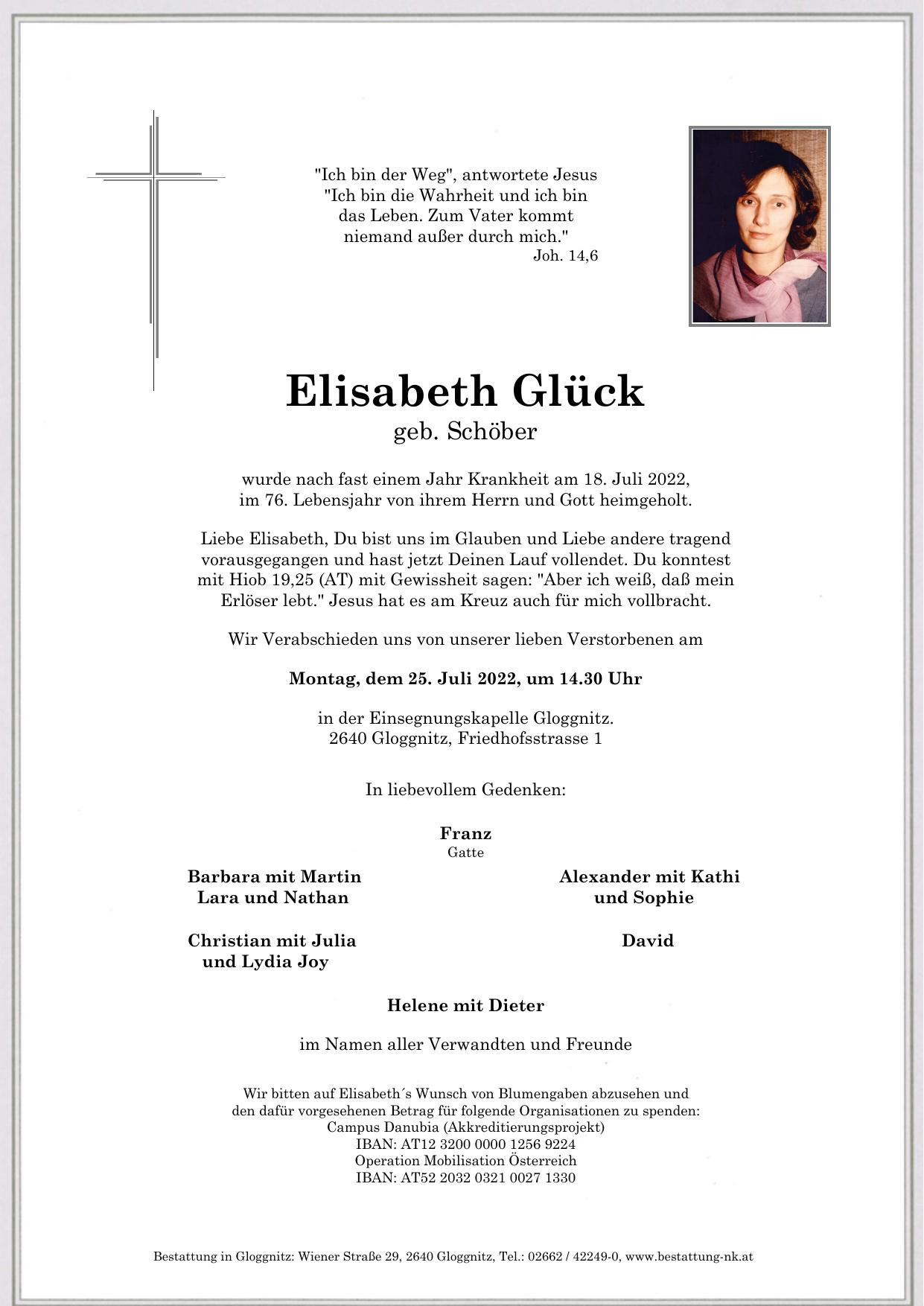 Traueranzeige von Elisabeth Glück