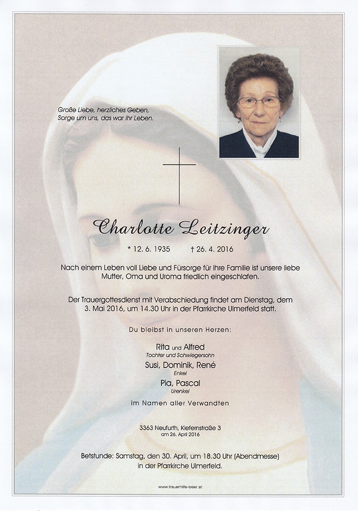 Traueranzeige von Charlotte Leitzinger