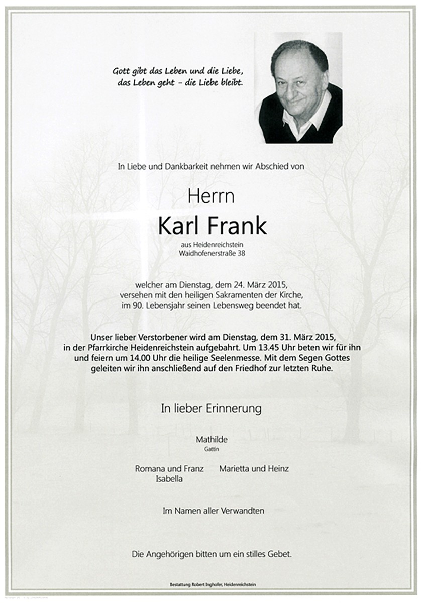 Traueranzeige von Karl Frank