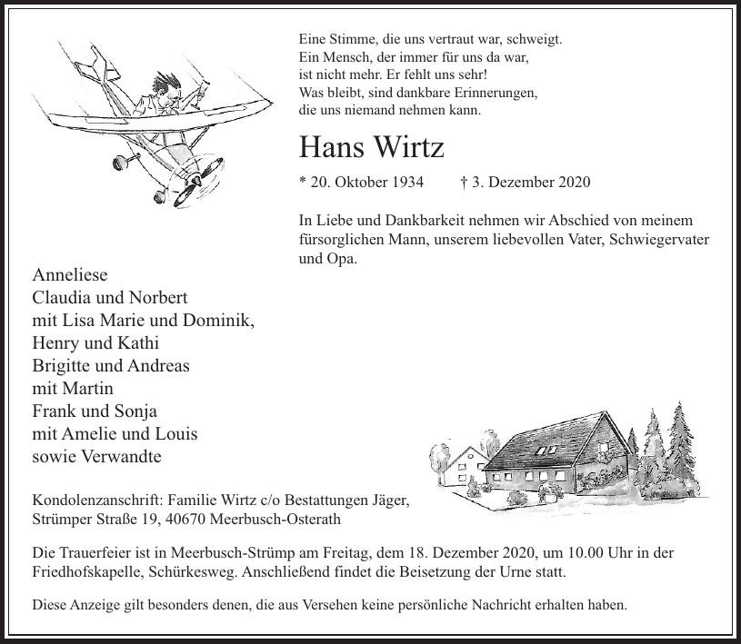 Traueranzeige von Hans Wirtz