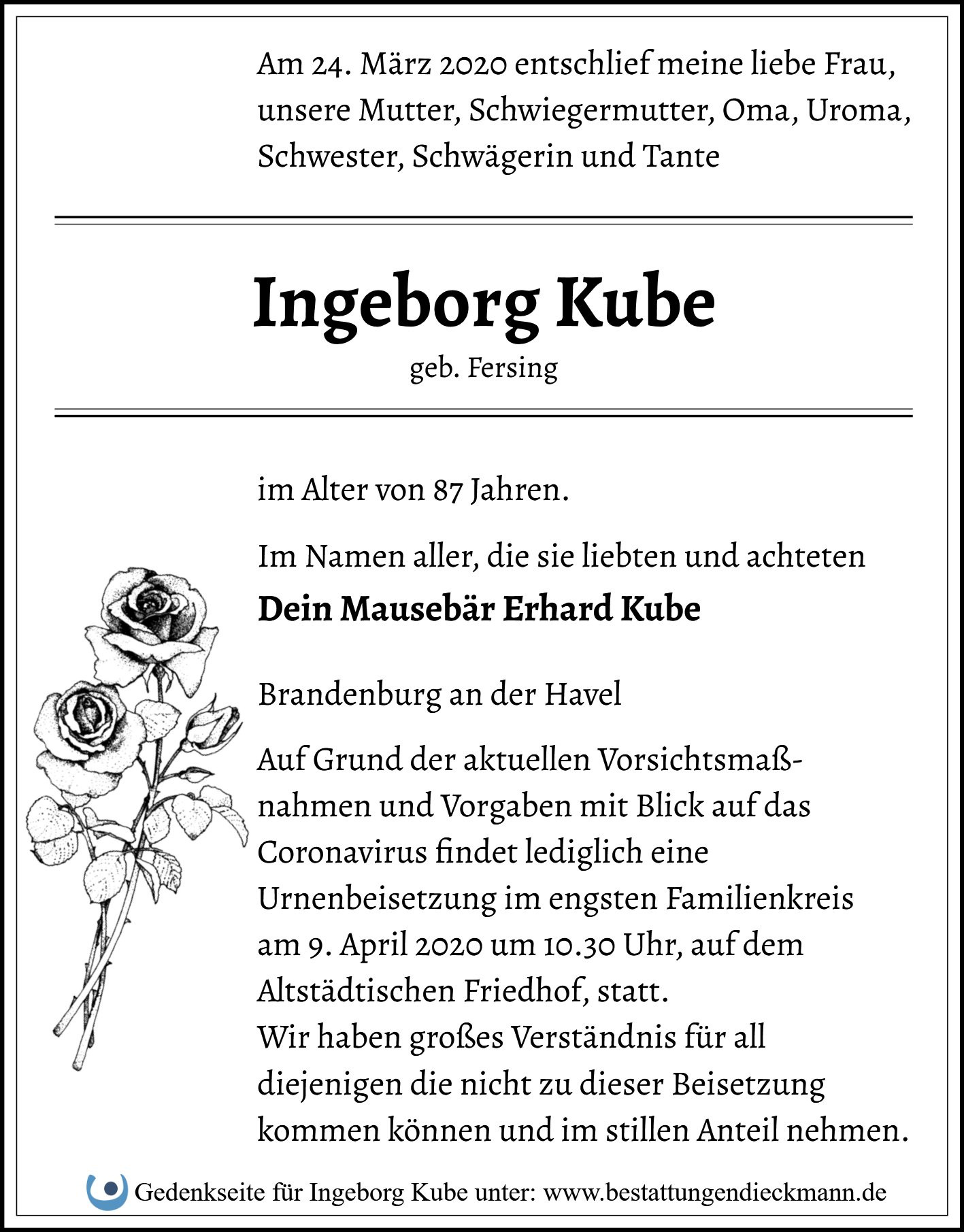 Traueranzeige von Ingeborg Kube
