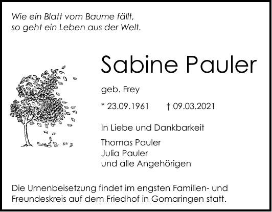 Traueranzeige von Sabine Pauler