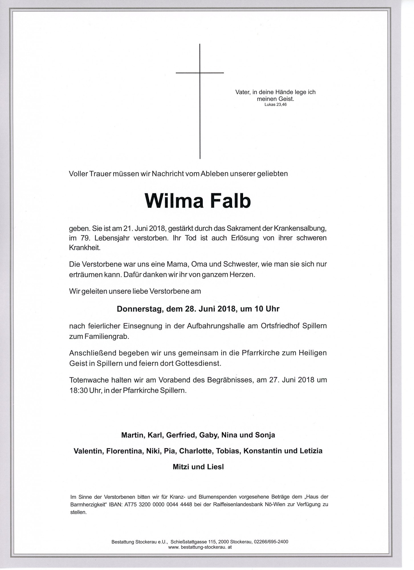 Traueranzeige von Wilhelmine Falb