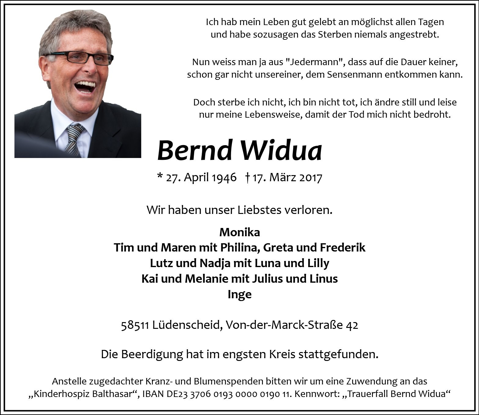 Traueranzeige von Bernd Widua