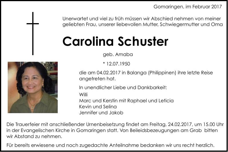 Traueranzeige von Carolina Schuster