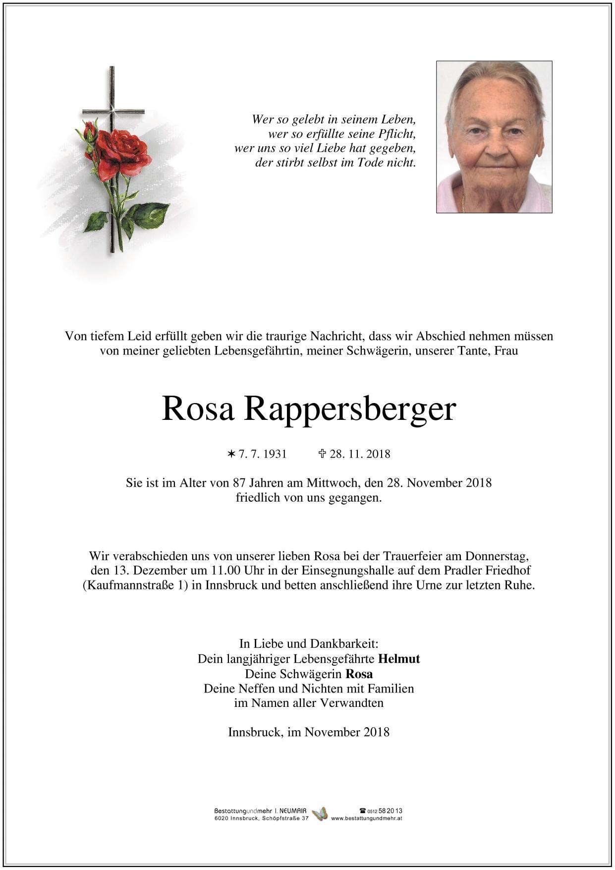 Traueranzeige von Rosa Rappersberger