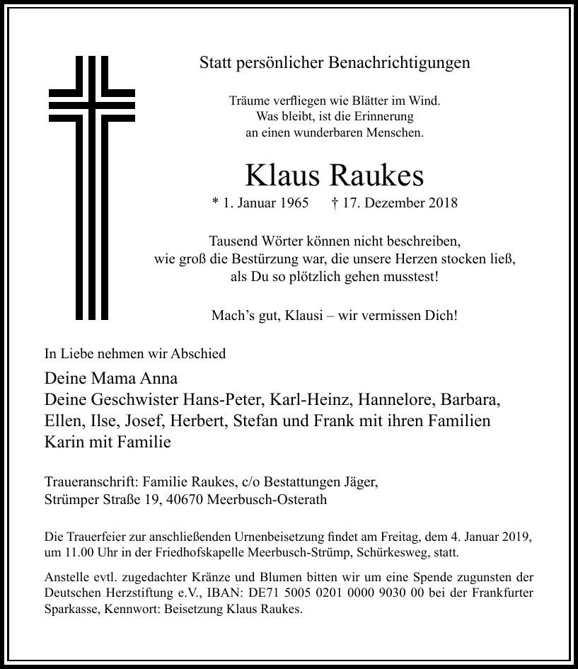 Traueranzeige von Klaus Raukes