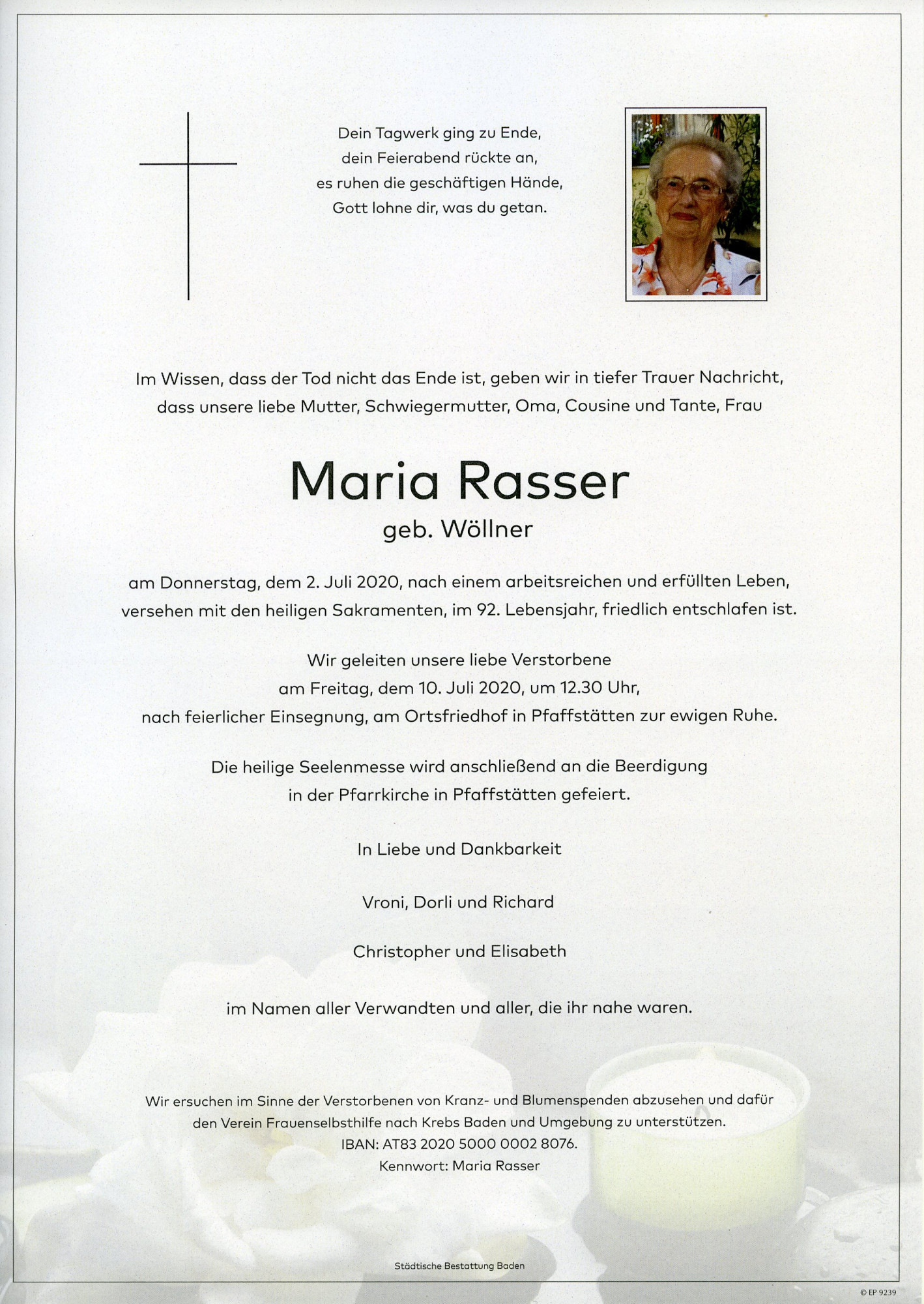 Traueranzeige von Maria Rasser