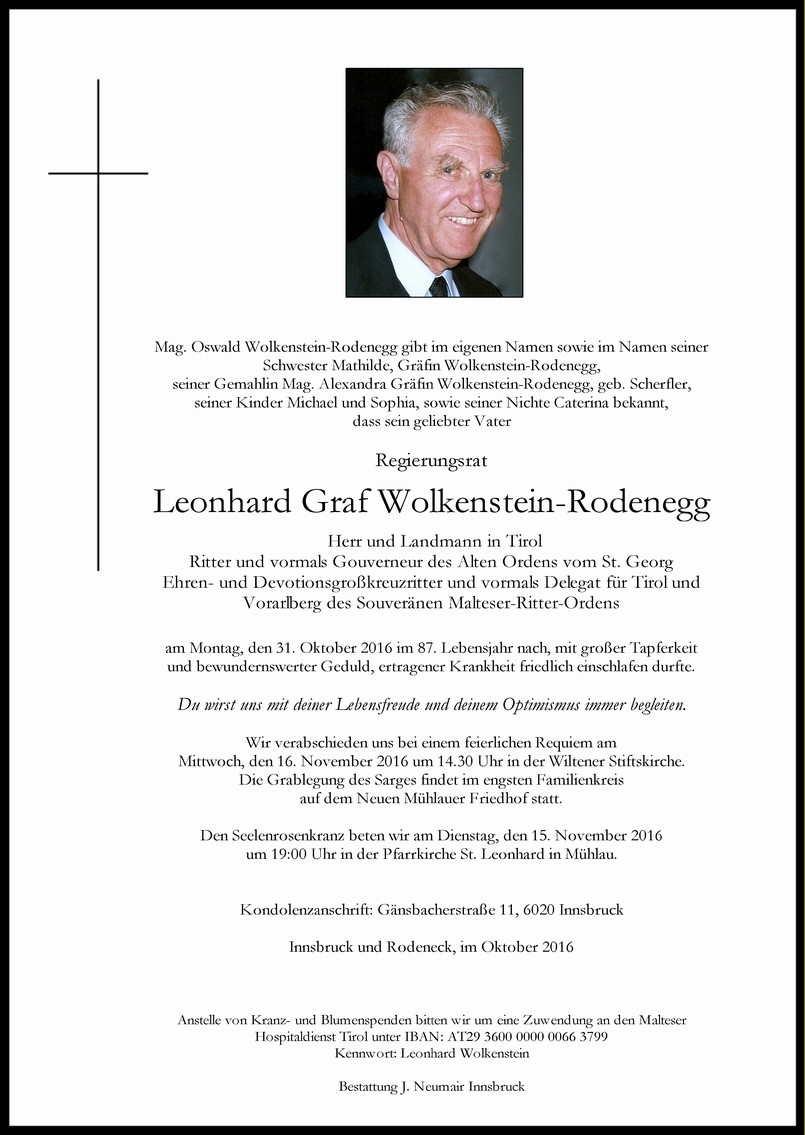 Traueranzeige von Leonhard Graf Wolkenstein-Rodenegg