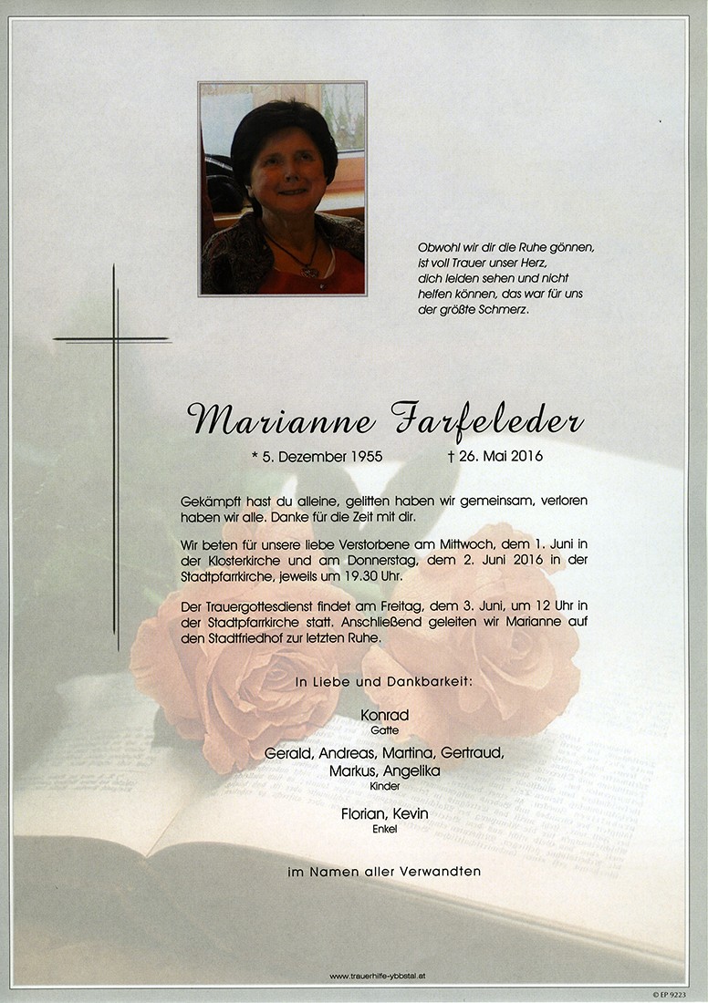 Traueranzeige von Marianne Farfeleder
