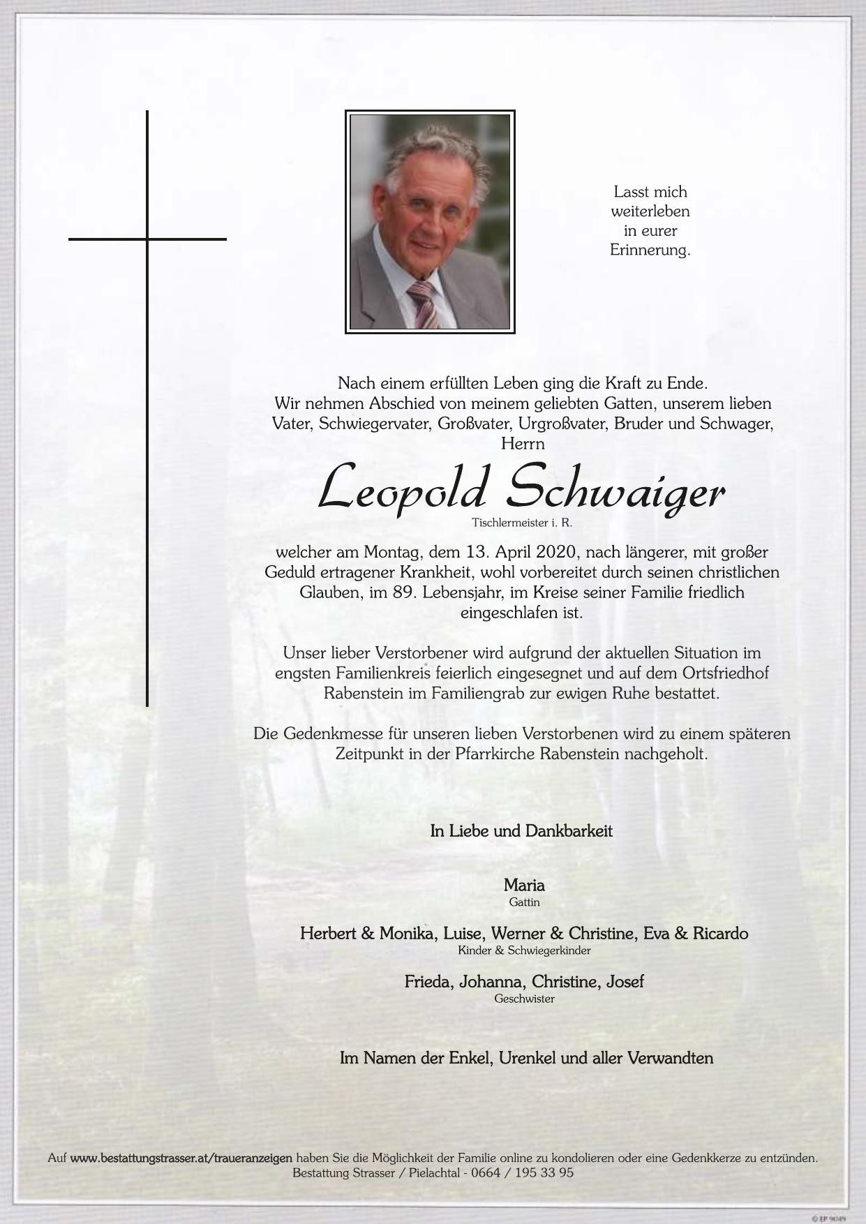 Traueranzeige von Leopold Schwaiger