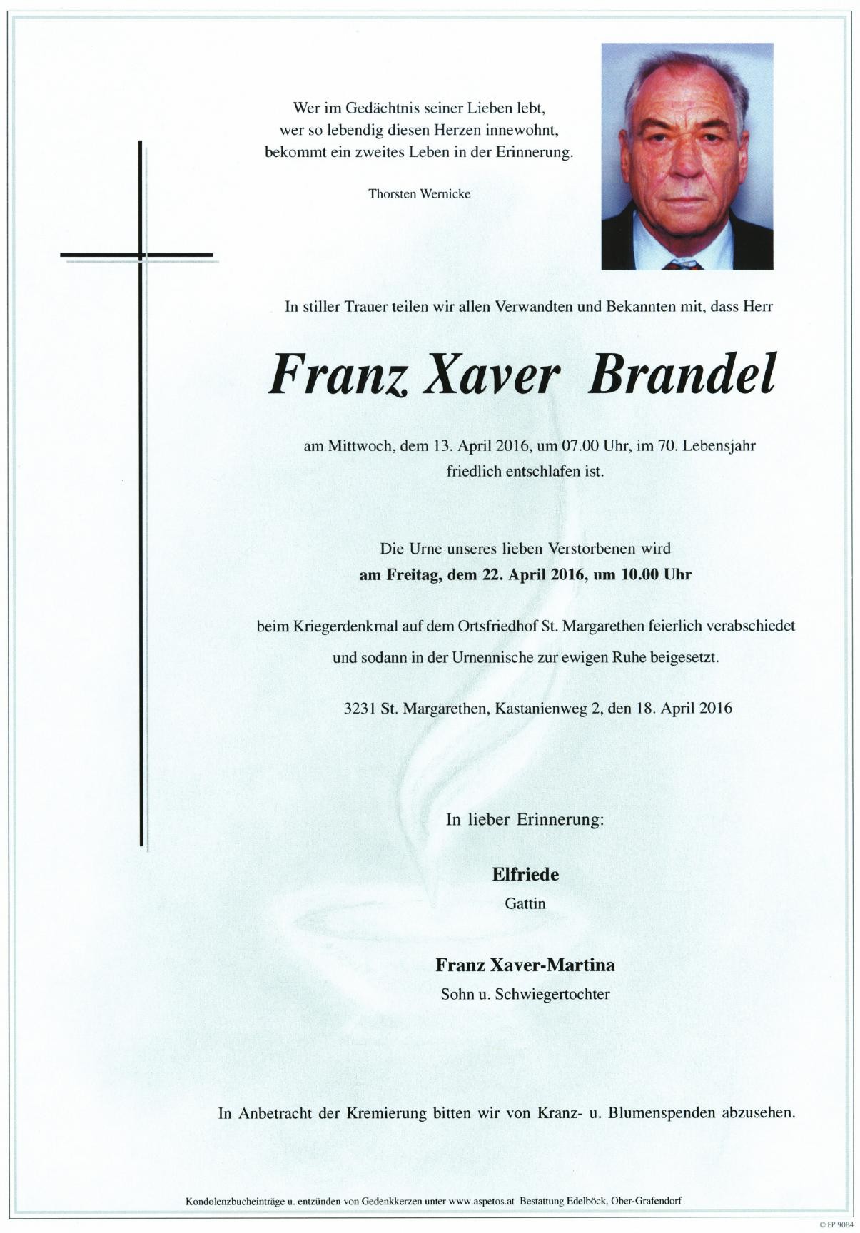 Traueranzeige von Franz Xaver Brandel