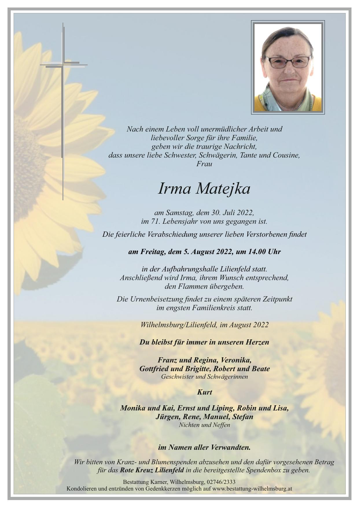 Traueranzeige von Irma Matejka