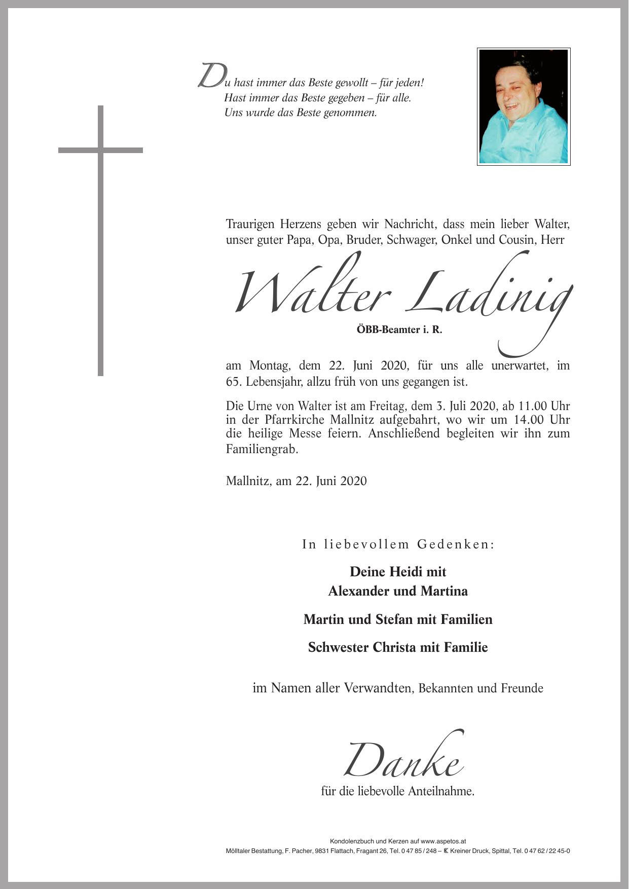 Traueranzeige von Walter Ladinig